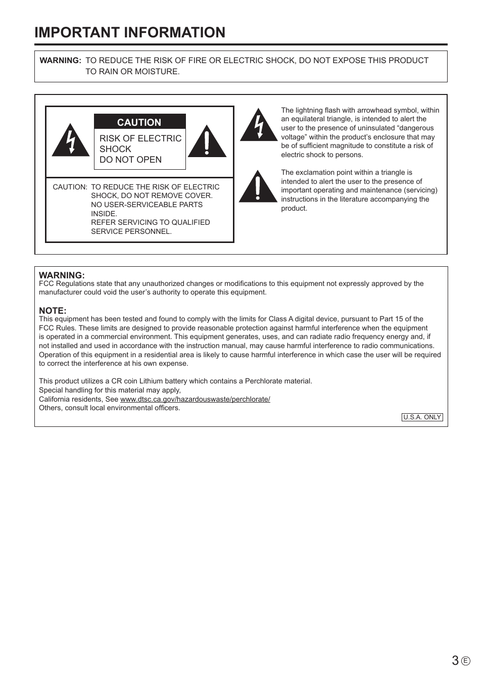 Important information, Caution | Sharp PN-V602 User Manual | Page 3 / 60