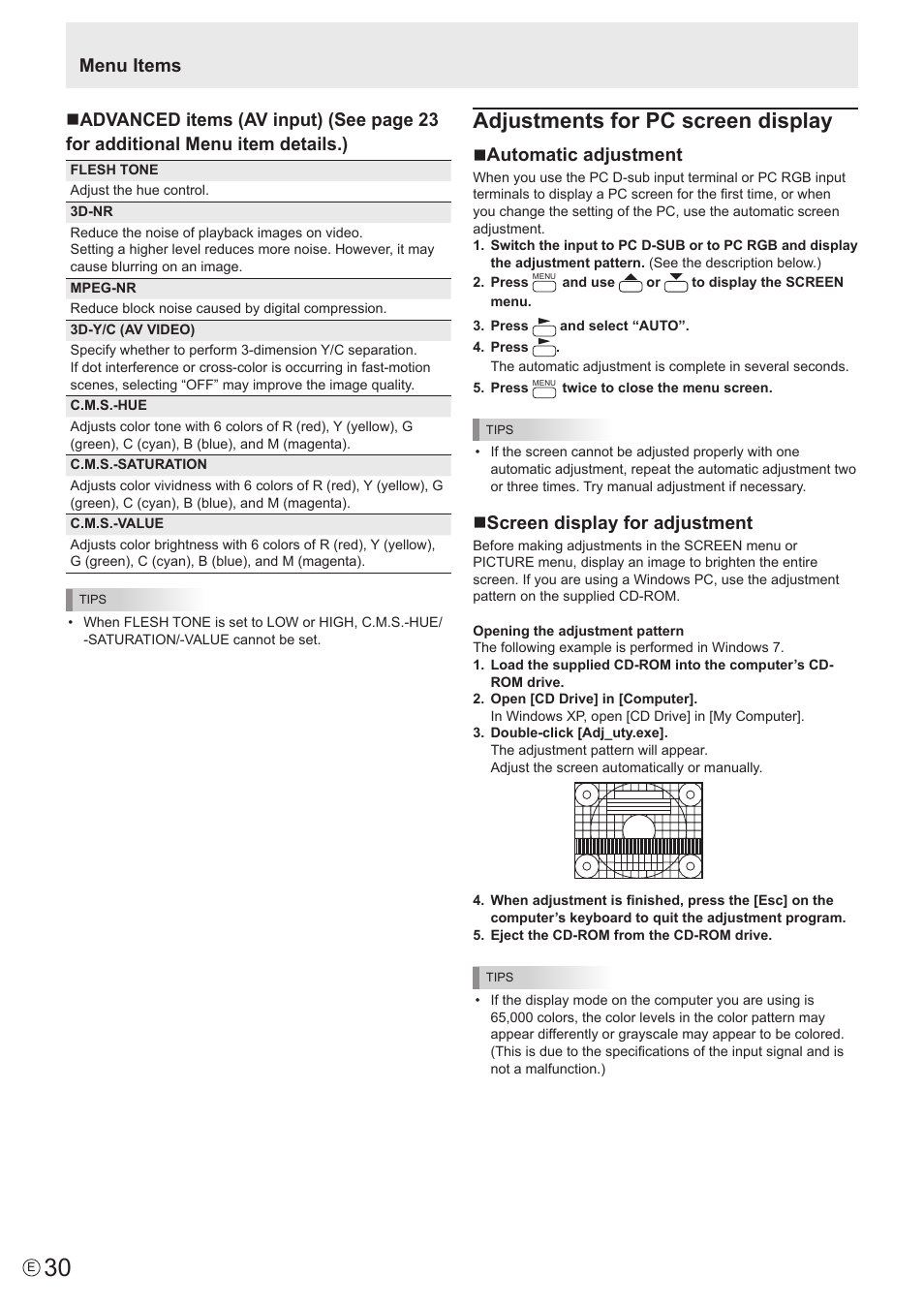 Adjustments for pc screen display, Nautomatic adjustment, Nscreen display for adjustment | Menu items | Sharp PN-V602 User Manual | Page 30 / 60