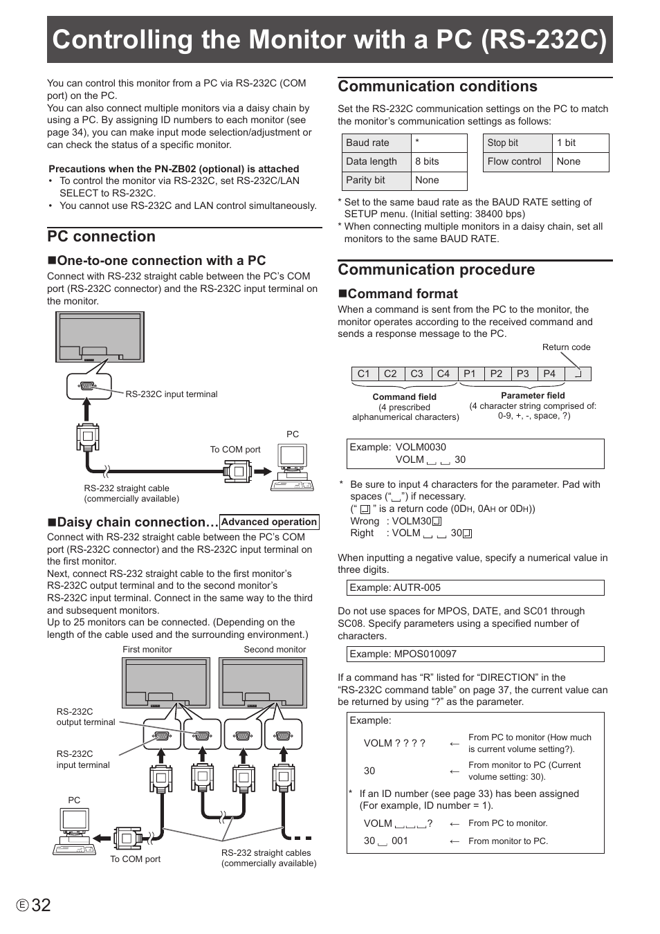 Controlling the monitor with a pc (rs-232c), Pc connection, Communication conditions | Communication procedure, None-to-one connection with a pc, Ndaisy chain connection, Ncommand format | Sharp PN-V602 User Manual | Page 32 / 60