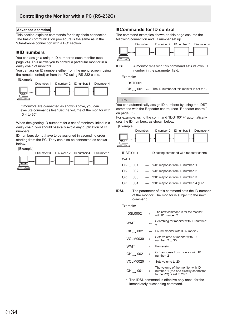 Controlling the monitor with a pc (rs-232c), Nid numbers, Ncommands for id control | Sharp PN-V602 User Manual | Page 34 / 60