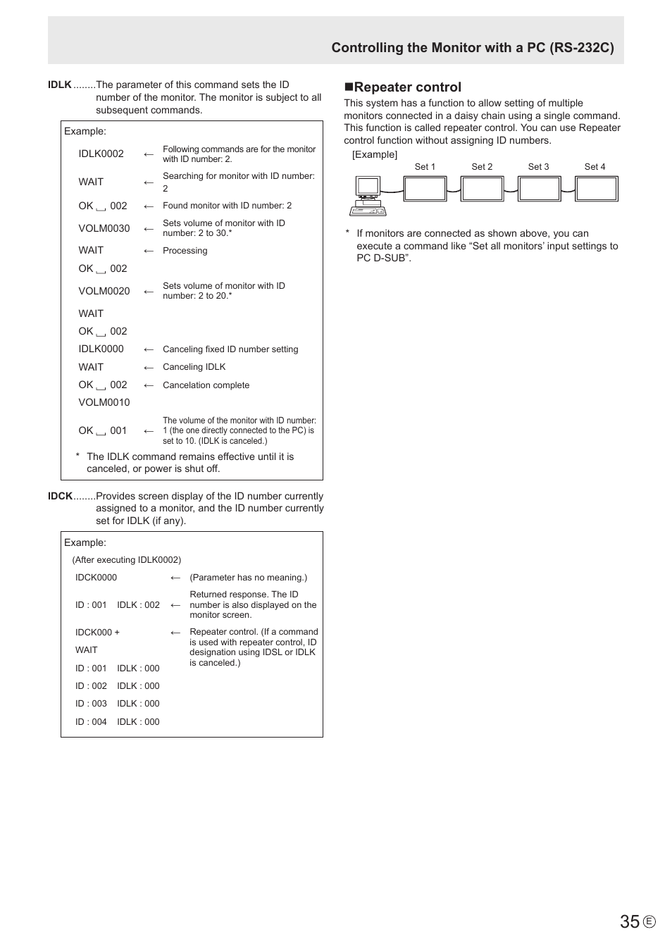 Controlling the monitor with a pc (rs-232c), Nrepeater control | Sharp PN-V602 User Manual | Page 35 / 60