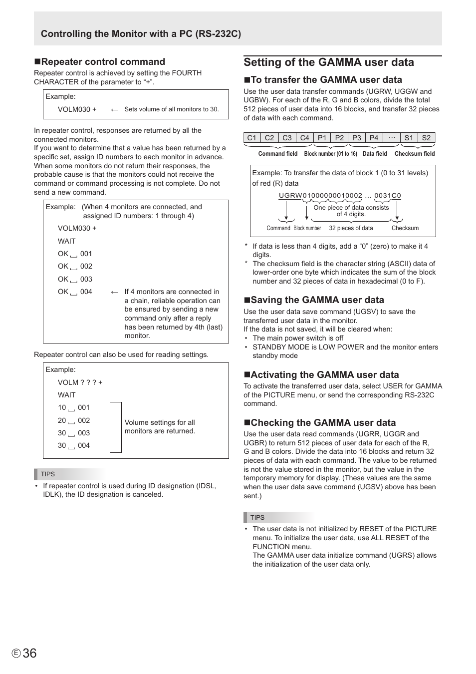 Setting of the gamma user data, Nrepeater control command, Controlling the monitor with a pc (rs-232c) | Nto transfer the gamma user data, Nsaving the gamma user data, Nactivating the gamma user data, Nchecking the gamma user data | Sharp PN-V602 User Manual | Page 36 / 60