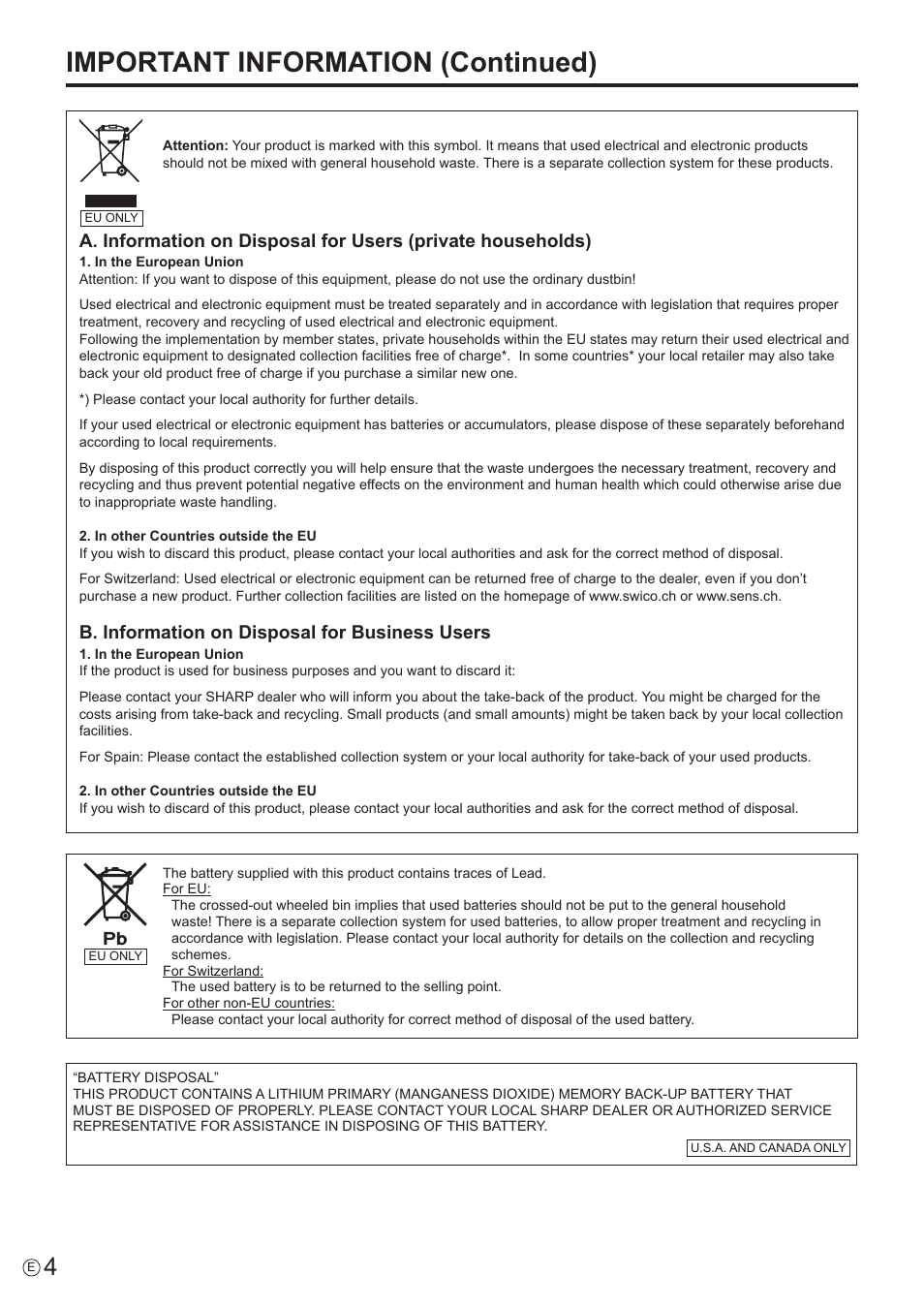 Important information (continued), B. information on disposal for business users | Sharp PN-V602 User Manual | Page 4 / 60