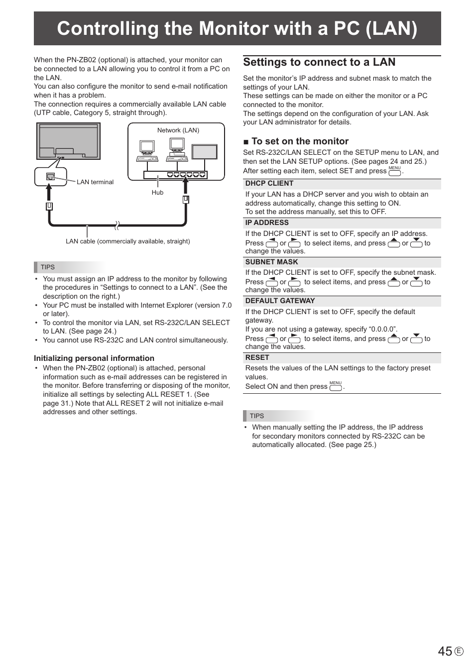 Controlling the monitor with a pc (lan), Settings to connect to a lan | Sharp PN-V602 User Manual | Page 45 / 60