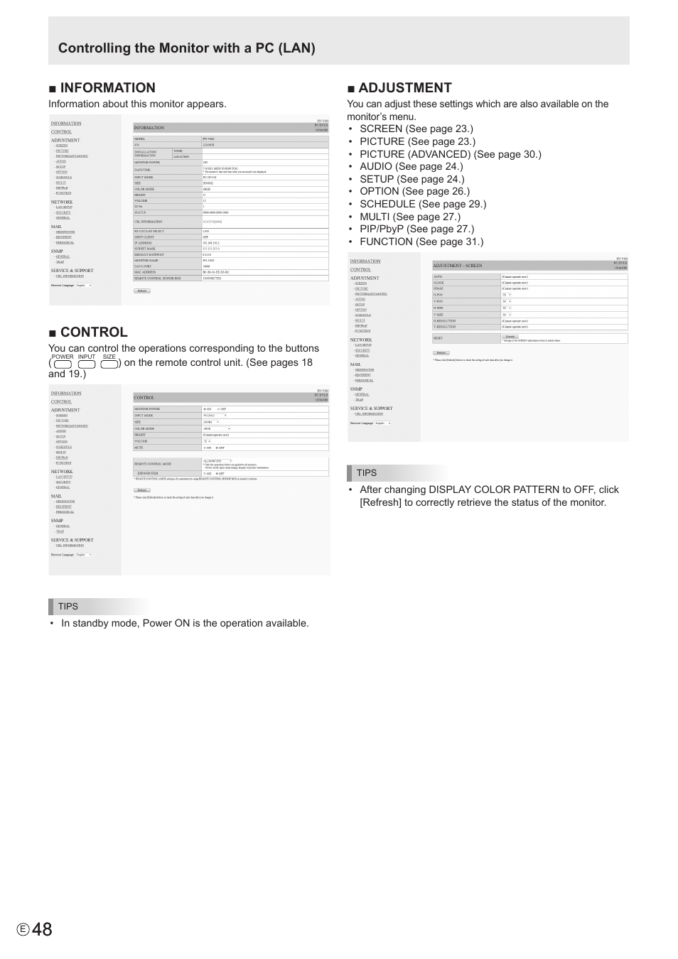 Information, Control, Adjustment | Controlling the monitor with a pc (lan) | Sharp PN-V602 User Manual | Page 48 / 60