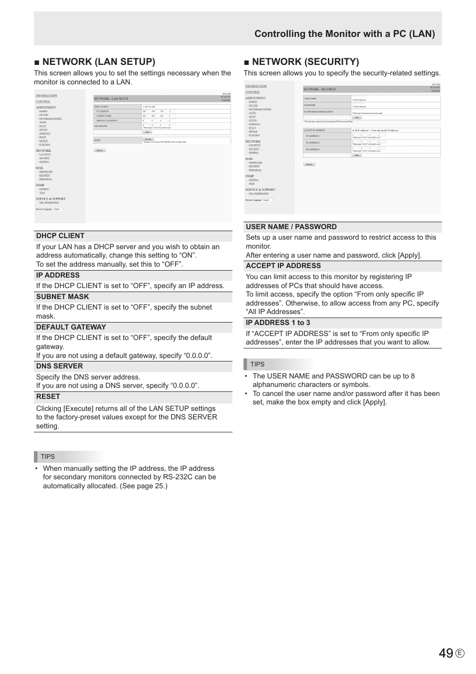 Network (lan setup), Network (security), Controlling the monitor with a pc (lan) | Sharp PN-V602 User Manual | Page 49 / 60