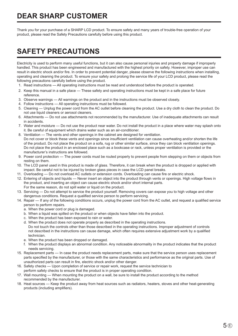 Dear sharp customer, Safety precautions | Sharp PN-V602 User Manual | Page 5 / 60