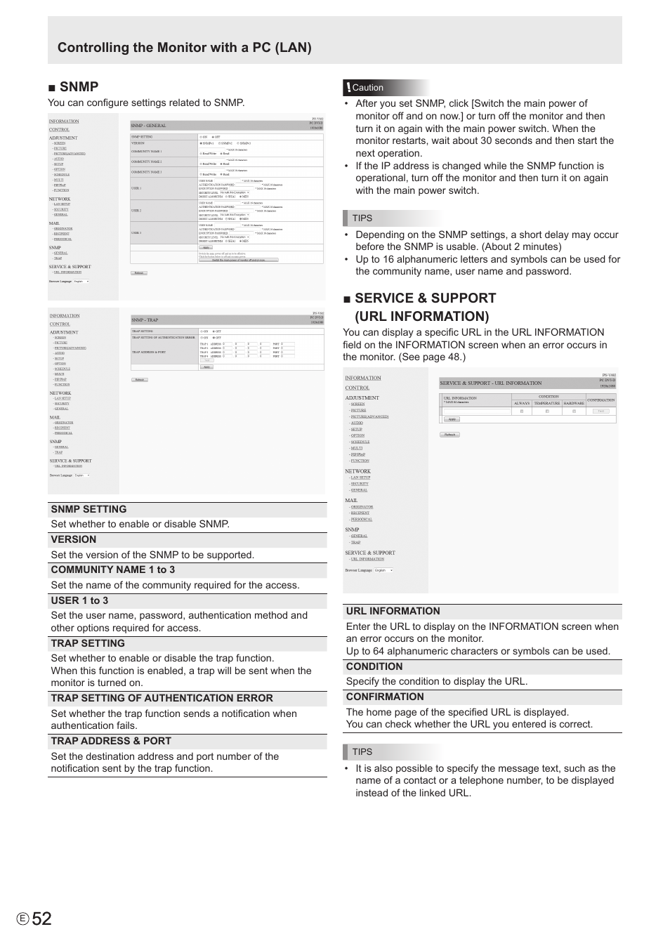 Controlling the monitor with a pc (lan) ■ snmp, Service & support (url information) | Sharp PN-V602 User Manual | Page 52 / 60