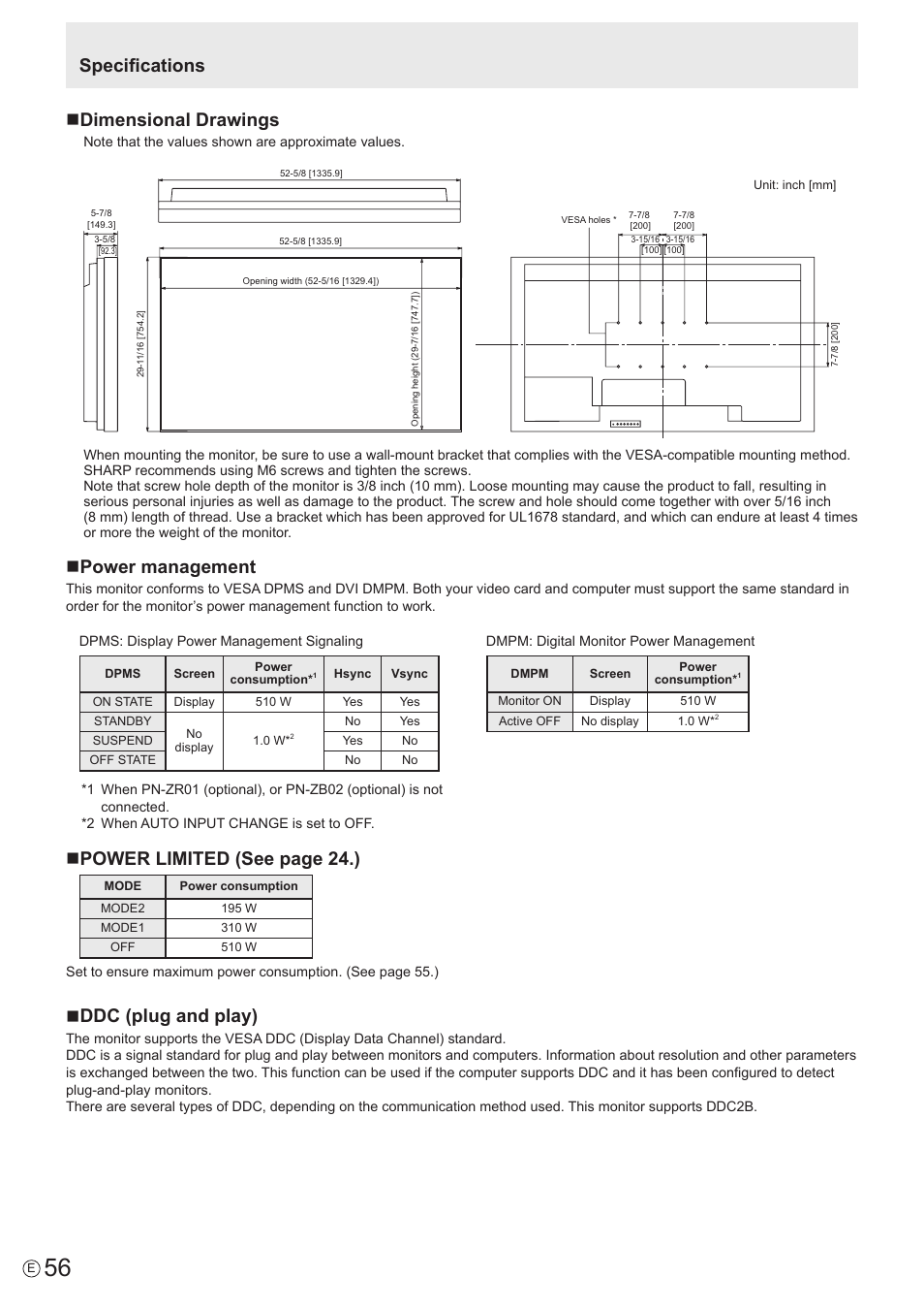 Specifications n dimensional drawings, Npower management, Npower limited (see page 24.) | Nddc (plug and play) | Sharp PN-V602 User Manual | Page 56 / 60