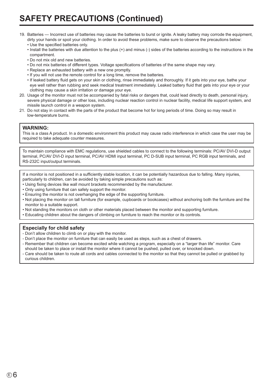 Safety precautions (continued) | Sharp PN-V602 User Manual | Page 6 / 60