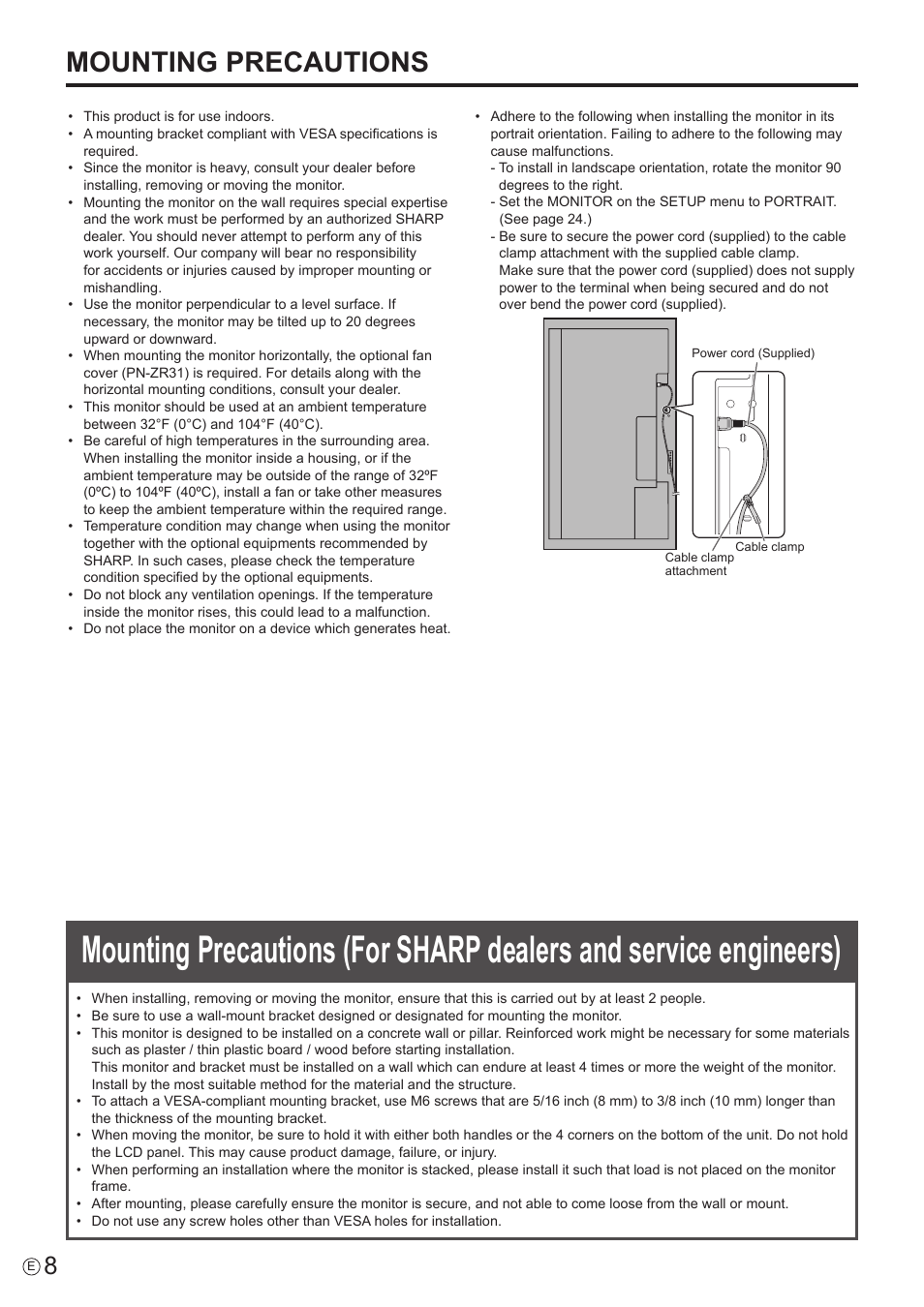 Mounting precautions | Sharp PN-V602 User Manual | Page 8 / 60