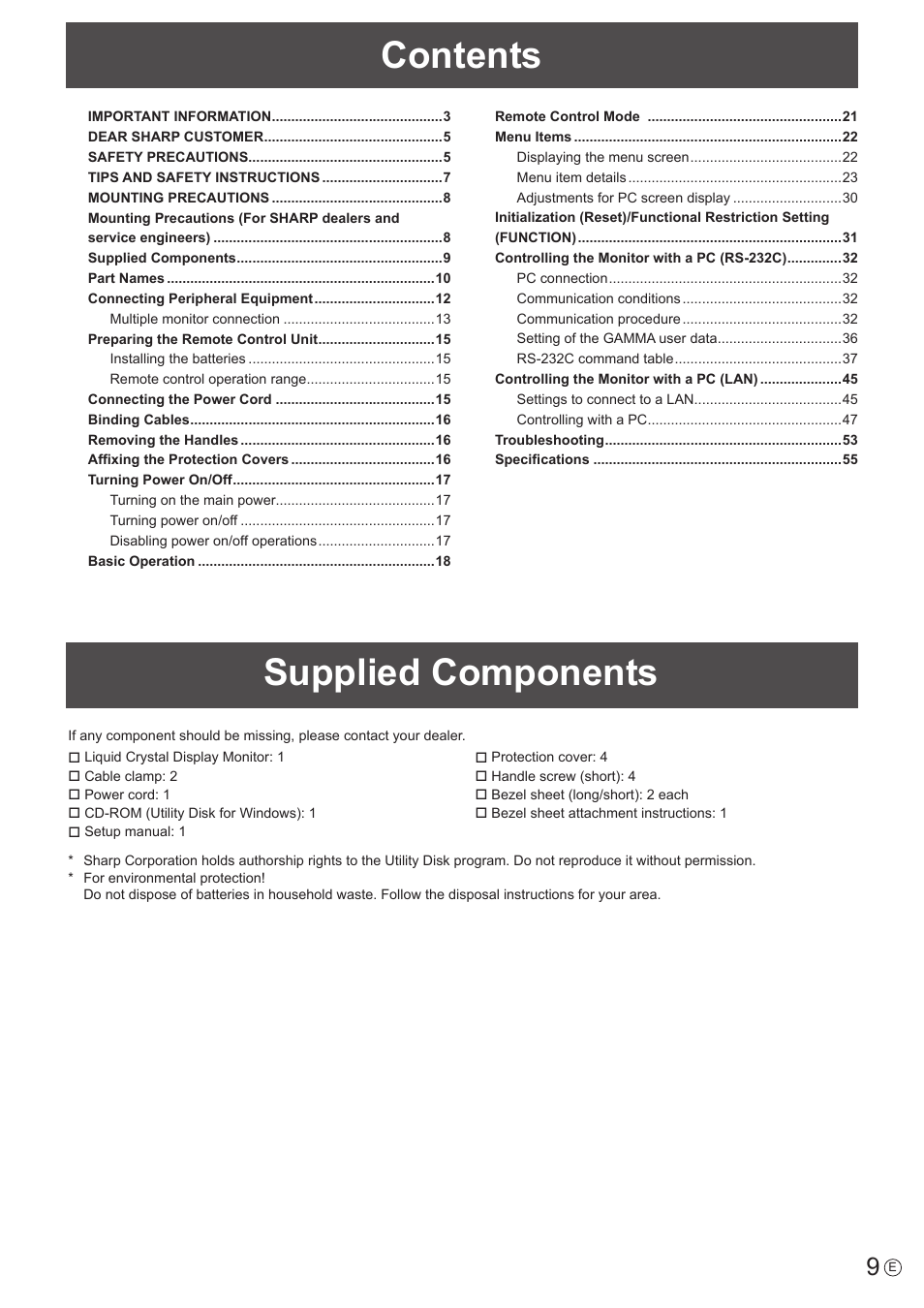 Supplied components, Contents supplied components | Sharp PN-V602 User Manual | Page 9 / 60