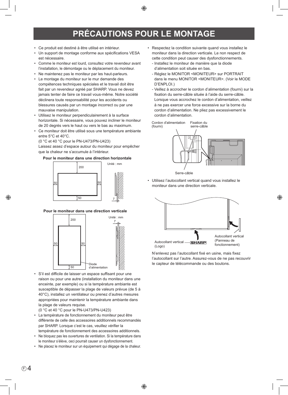 Précautions pour le montage | Sharp PN-U423 User Manual | Page 14 / 44