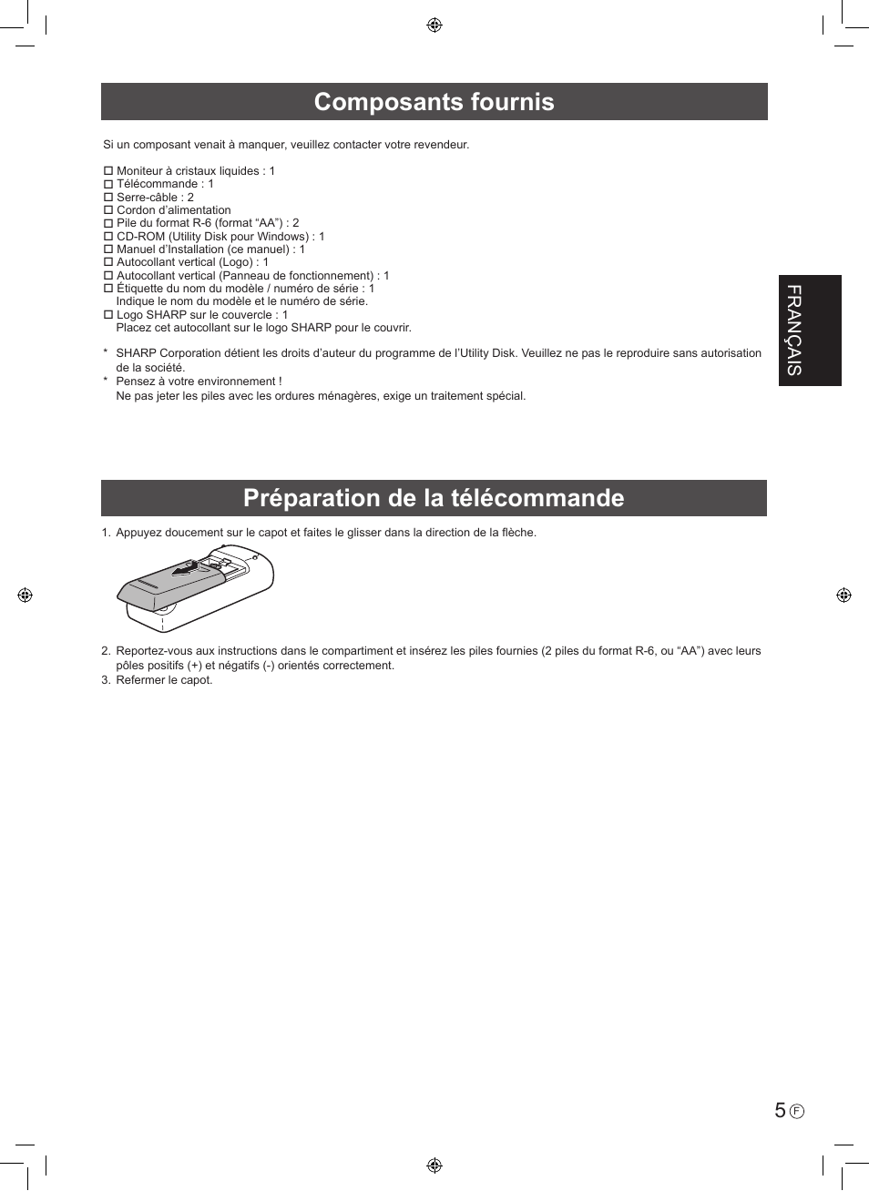 Composants fournis, Préparation de la télécommande, Français | Sharp PN-U423 User Manual | Page 15 / 44