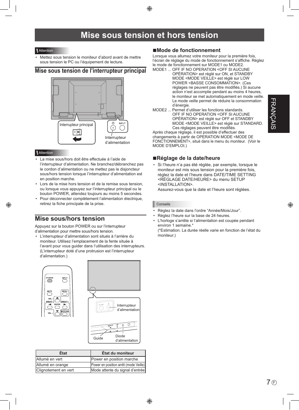 Mise sous tension et hors tension, Français, Mise sous tension de l’interrupteur principal | Mise sous/hors tension, Nmode de fonctionnement, Nréglage de la date/heure | Sharp PN-U423 User Manual | Page 17 / 44