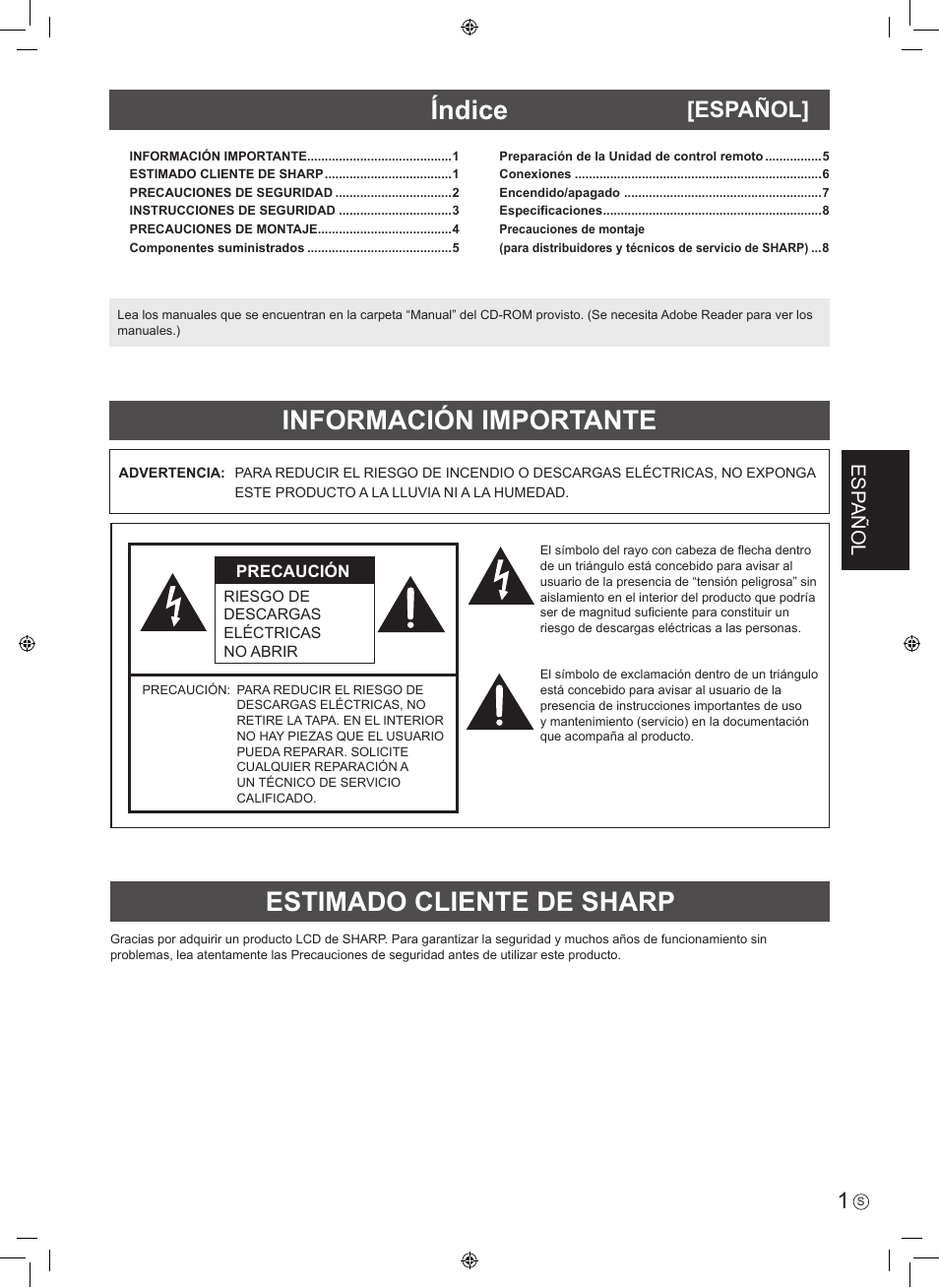 Español, Esp añol | Sharp PN-U423 User Manual | Page 19 / 44