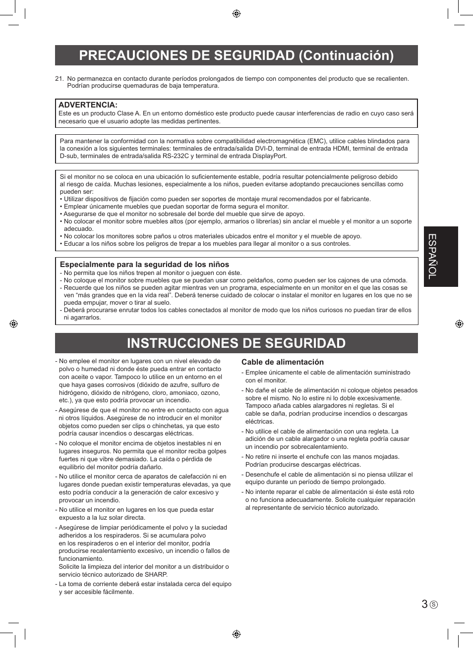 Instrucciones de seguridad, Precauciones de seguridad (continuación), Esp añol | Sharp PN-U423 User Manual | Page 21 / 44