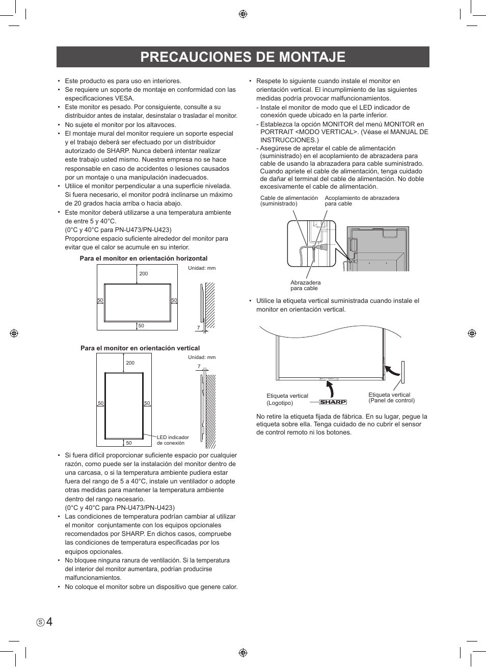 Precauciones de montaje | Sharp PN-U423 User Manual | Page 22 / 44