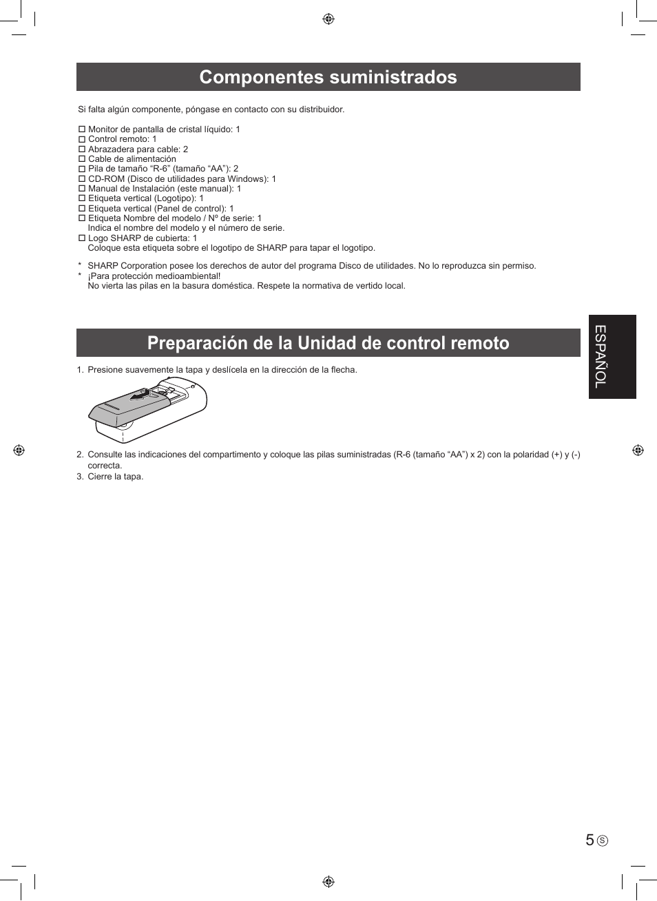 Componentes suministrados, Preparación de la unidad de control remoto, Esp añol | Sharp PN-U423 User Manual | Page 23 / 44