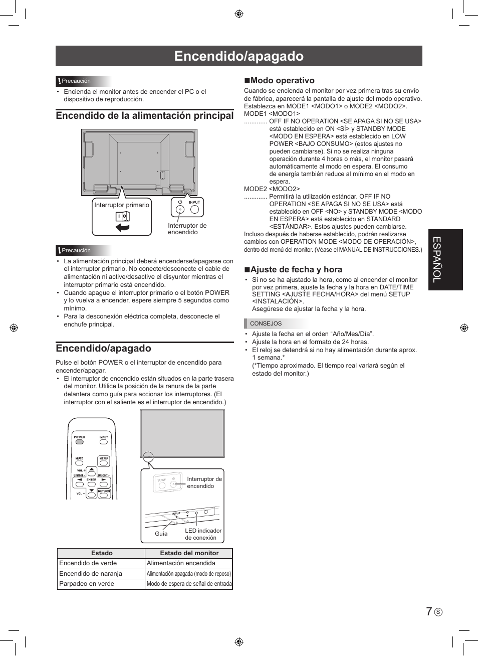 Encendido/apagado, Esp añol, Encendido de la alimentación principal | Nmodo operativo, Najuste de fecha y hora | Sharp PN-U423 User Manual | Page 25 / 44