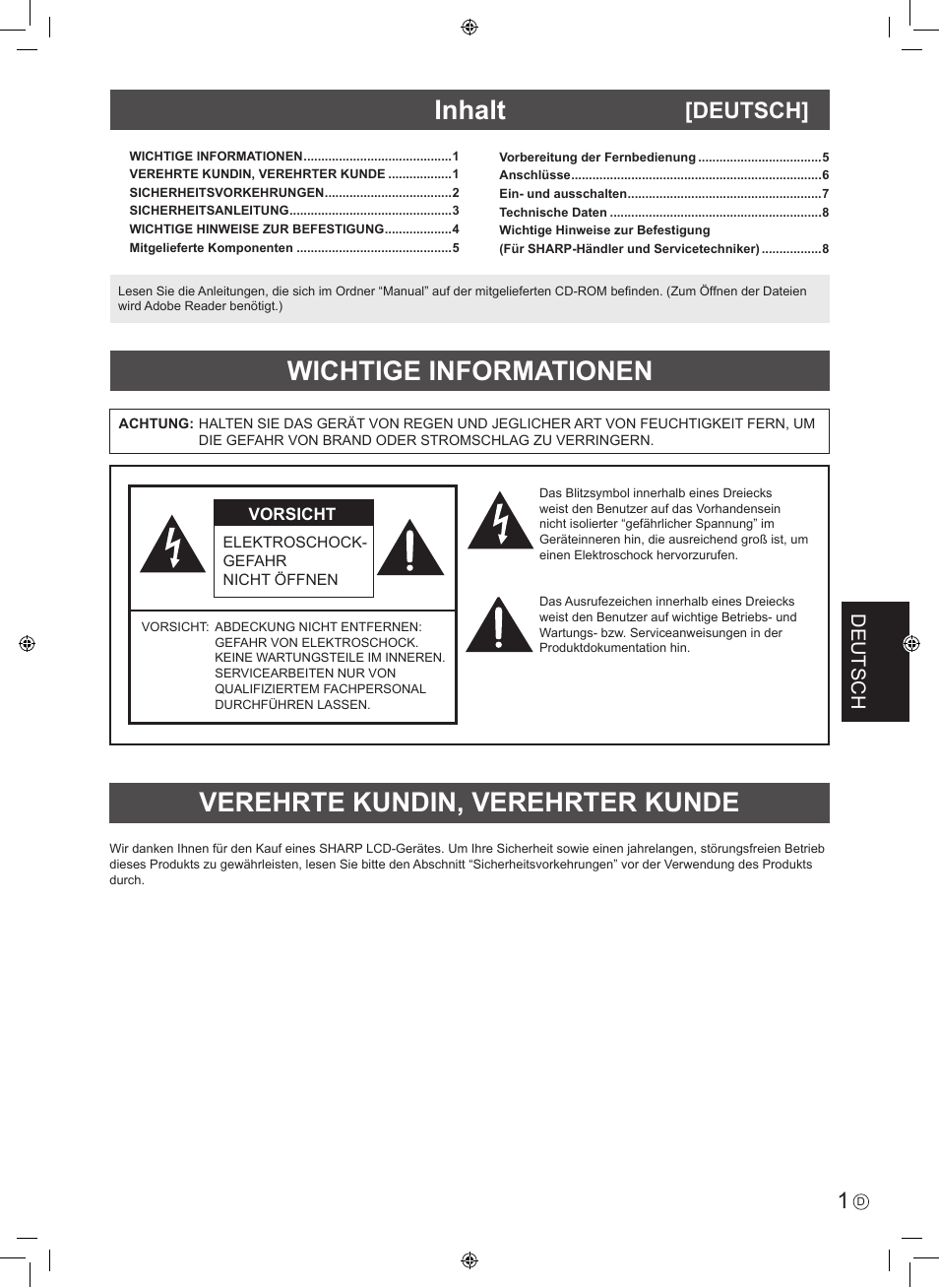 Inhalt, Deutsch | Sharp PN-U423 User Manual | Page 27 / 44