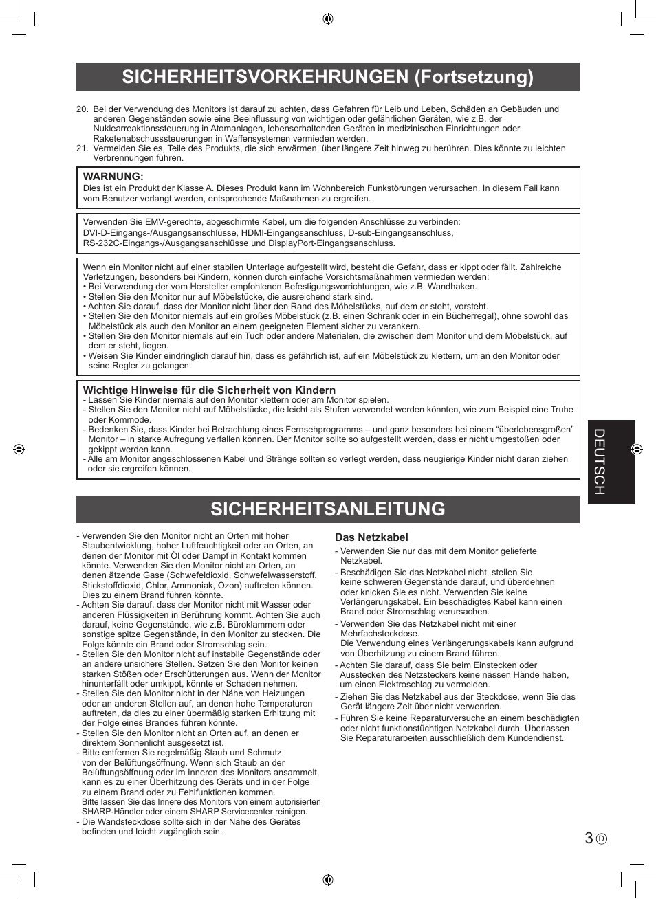 Sicherheitsvorkehrungen (fortsetzung), Sicherheitsanleitung, Deutsch | Sharp PN-U423 User Manual | Page 29 / 44