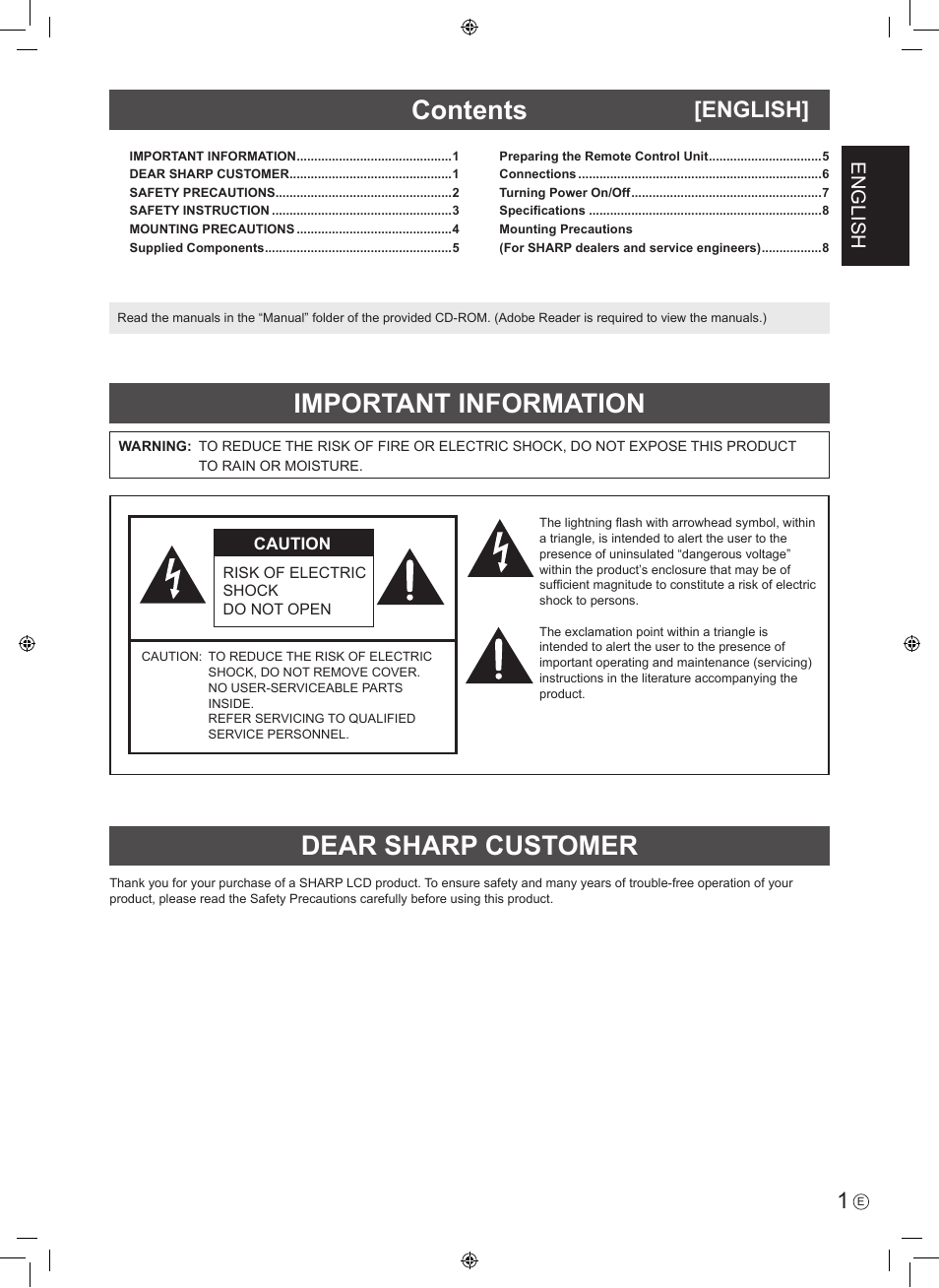 Dear sharp customer important information contents, English | Sharp PN-U423 User Manual | Page 3 / 44