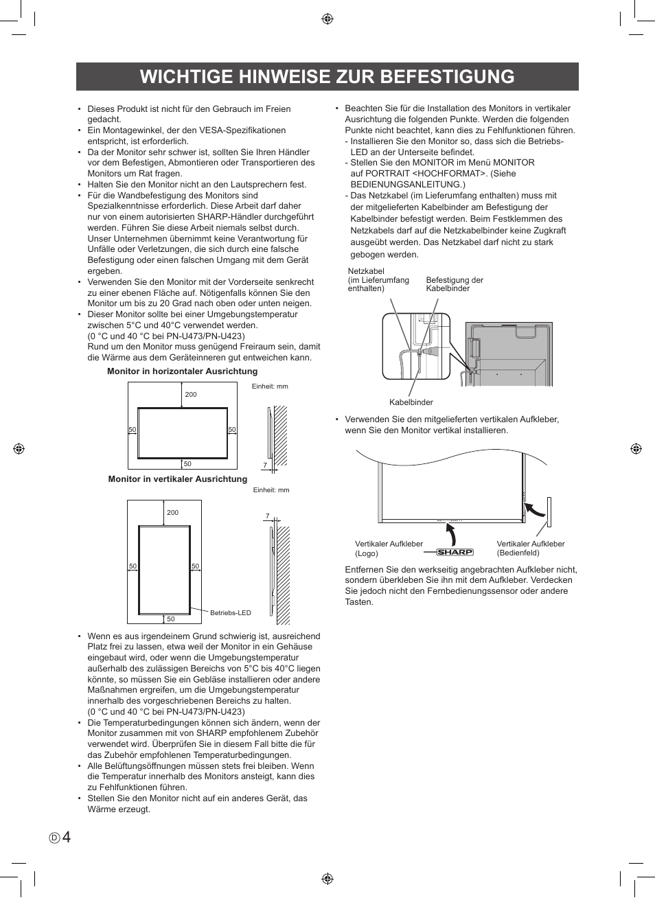 Wichtige hinweise zur befestigung | Sharp PN-U423 User Manual | Page 30 / 44