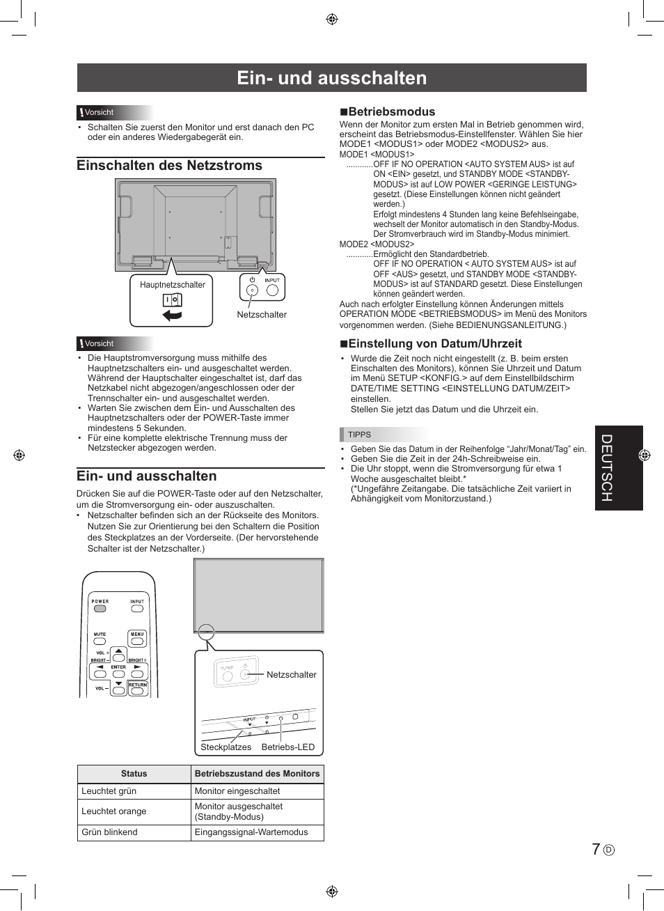 Deutsch, Einschalten des netzstroms, Ein- und ausschalten | Nbetriebsmodus, Neinstellung von datum/uhrzeit | Sharp PN-U423 User Manual | Page 33 / 44