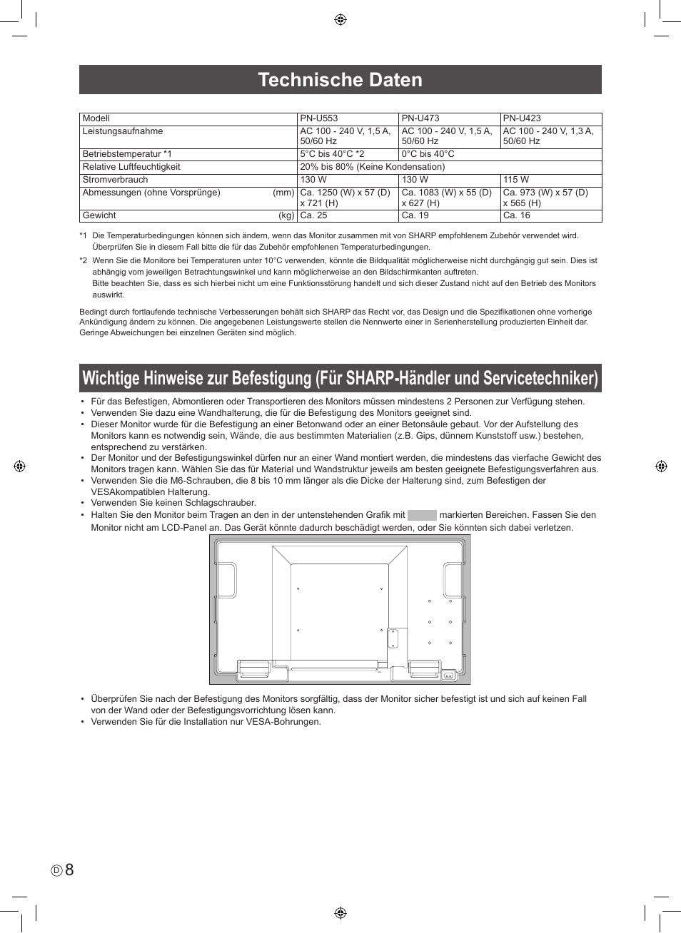 Technische daten | Sharp PN-U423 User Manual | Page 34 / 44