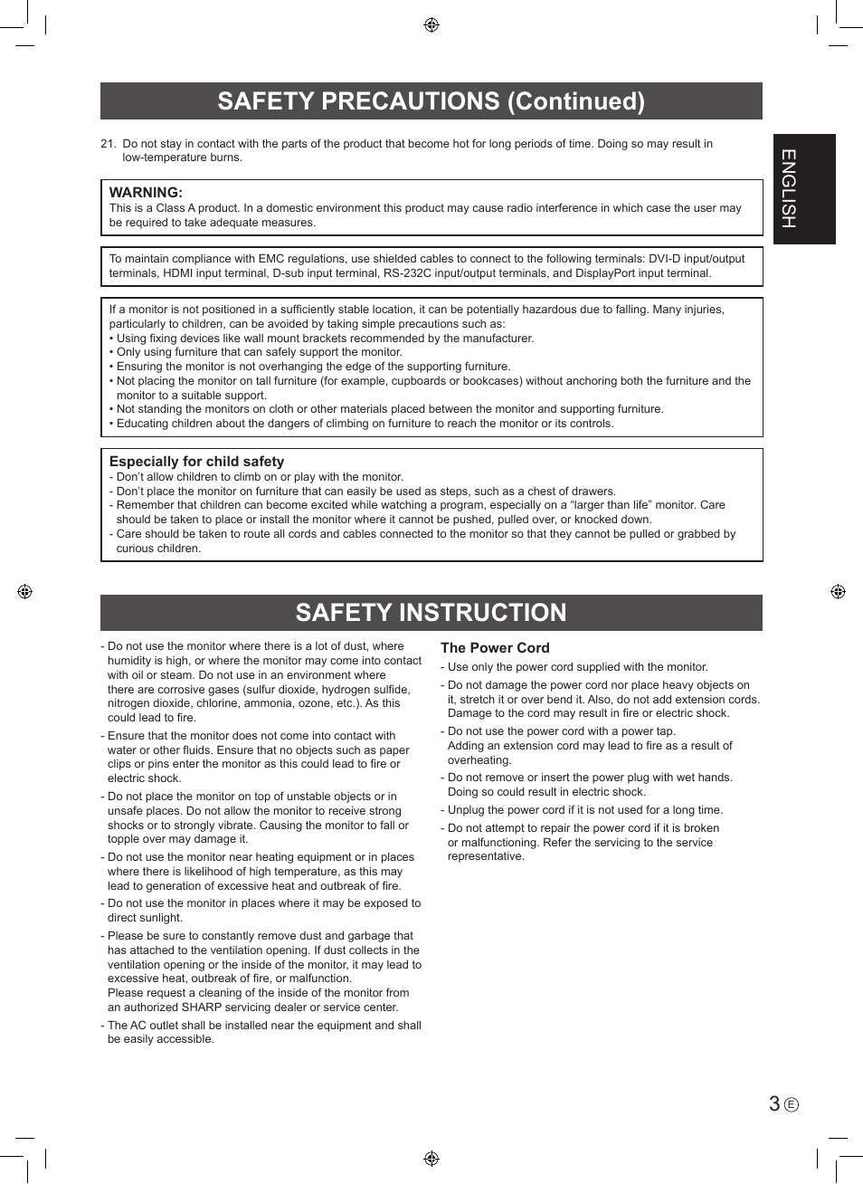 Safety instruction, Safety precautions (continued), English | Sharp PN-U423 User Manual | Page 5 / 44