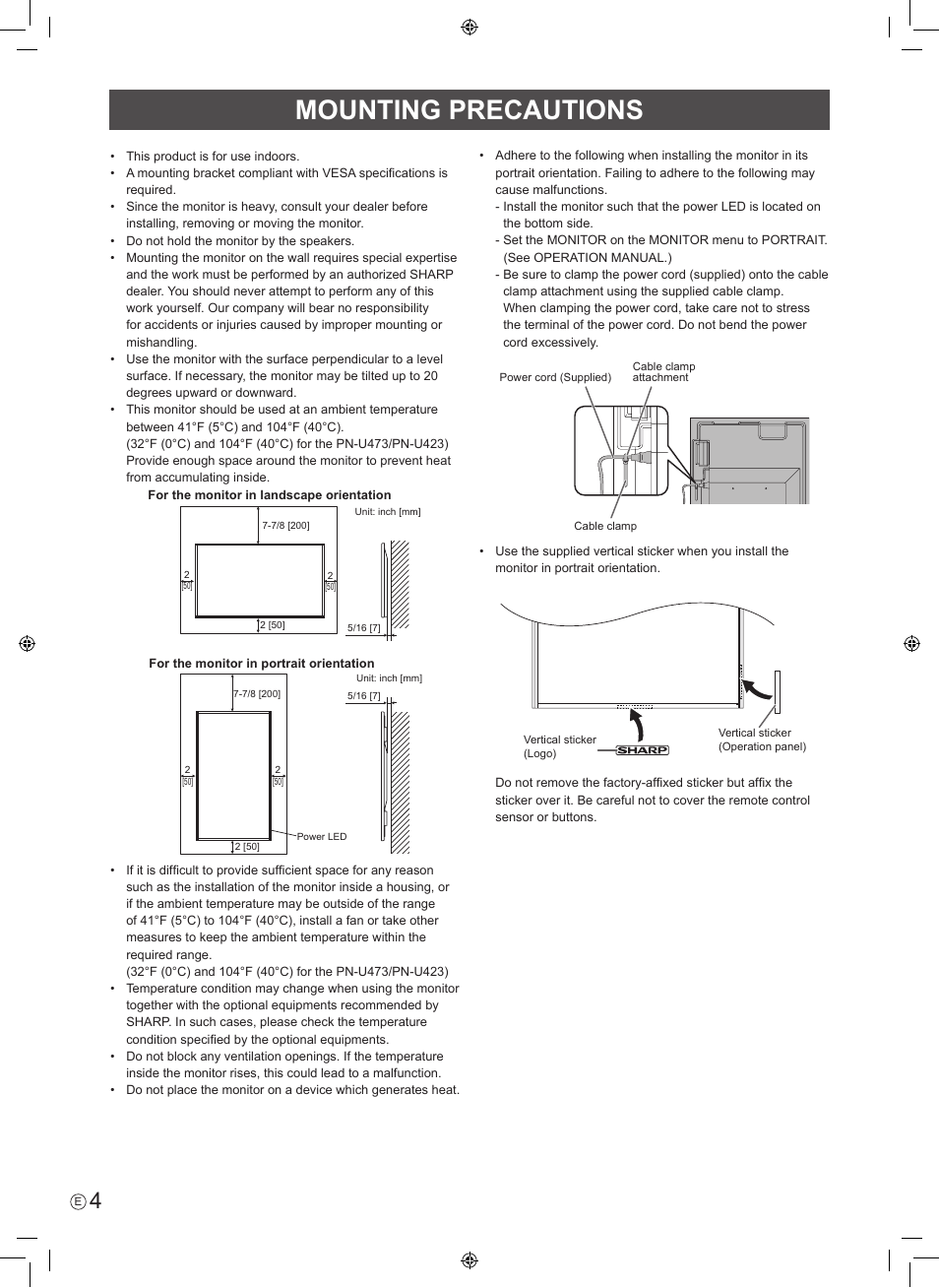 Mounting precautions | Sharp PN-U423 User Manual | Page 6 / 44