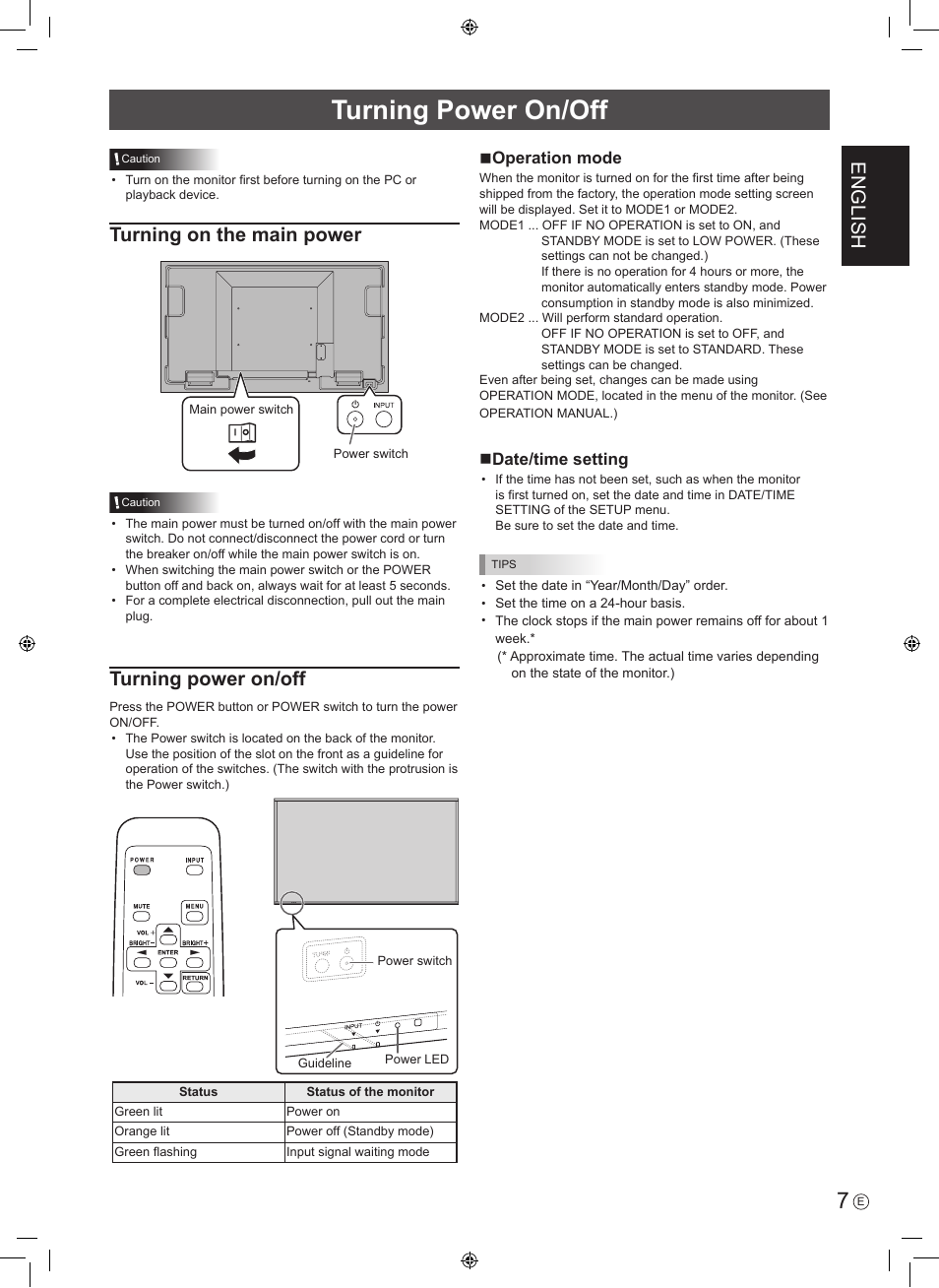 Turning power on/off, English, Turning on the main power | Noperation mode, Ndate/time setting | Sharp PN-U423 User Manual | Page 9 / 44