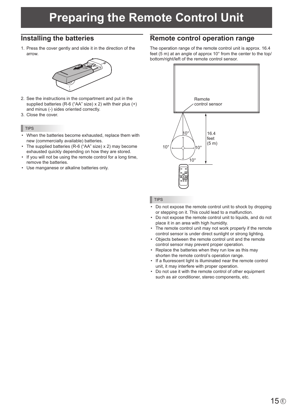 Preparing the remote control unit, Installing the batteries, Remote control operation range | Sharp PN-U423 User Manual | Page 15 / 54