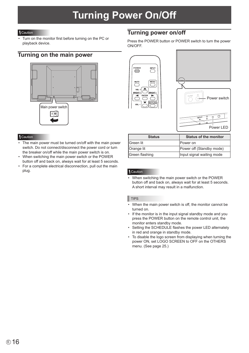 Turning power on/off, Turning on the main power | Sharp PN-U423 User Manual | Page 16 / 54