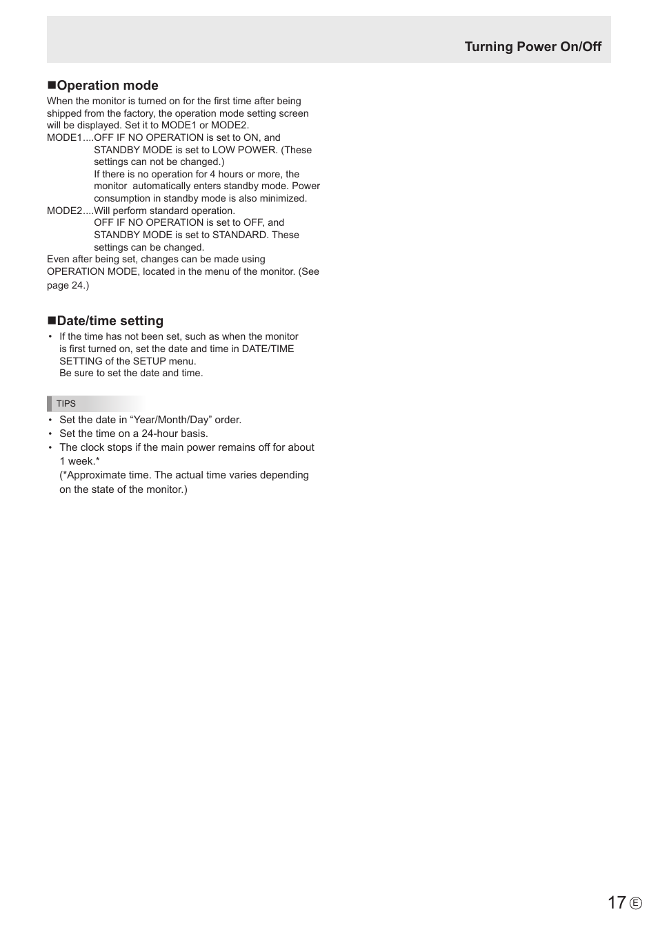 Turning power on/off n operation mode, Ndate/time setting | Sharp PN-U423 User Manual | Page 17 / 54