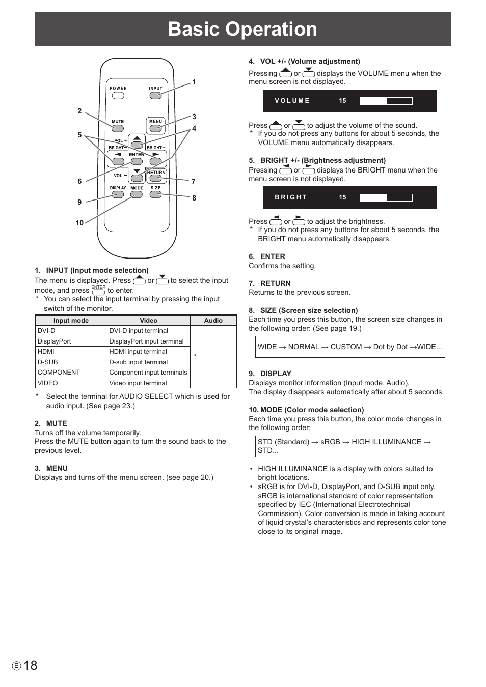 Basic operation | Sharp PN-U423 User Manual | Page 18 / 54