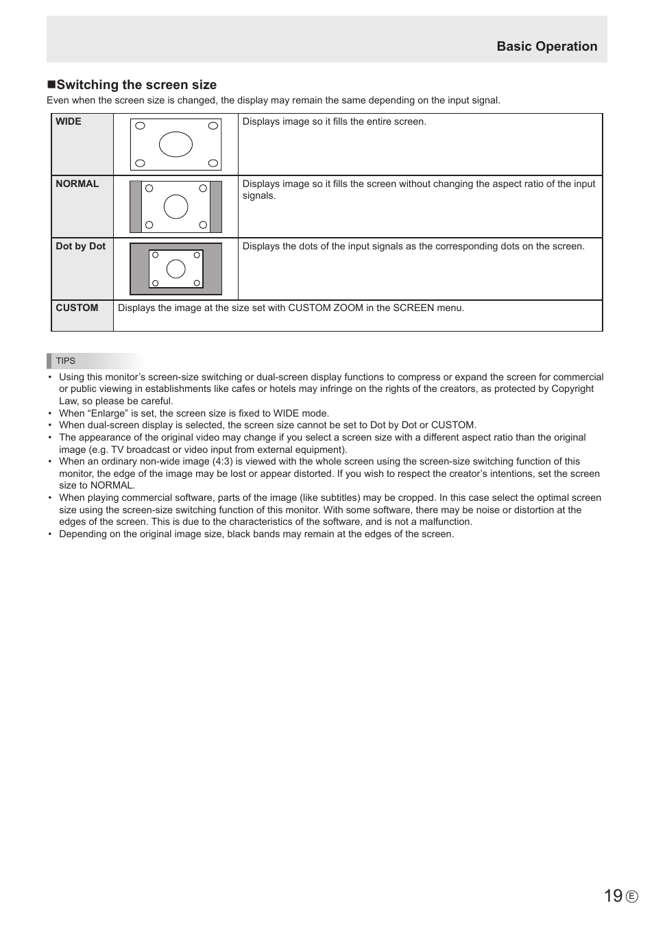 Basic operation n switching the screen size | Sharp PN-U423 User Manual | Page 19 / 54