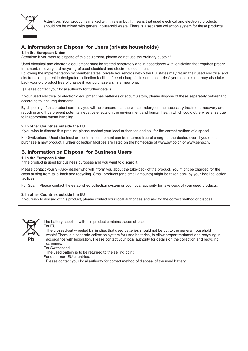 B. information on disposal for business users | Sharp PN-U423 User Manual | Page 2 / 54