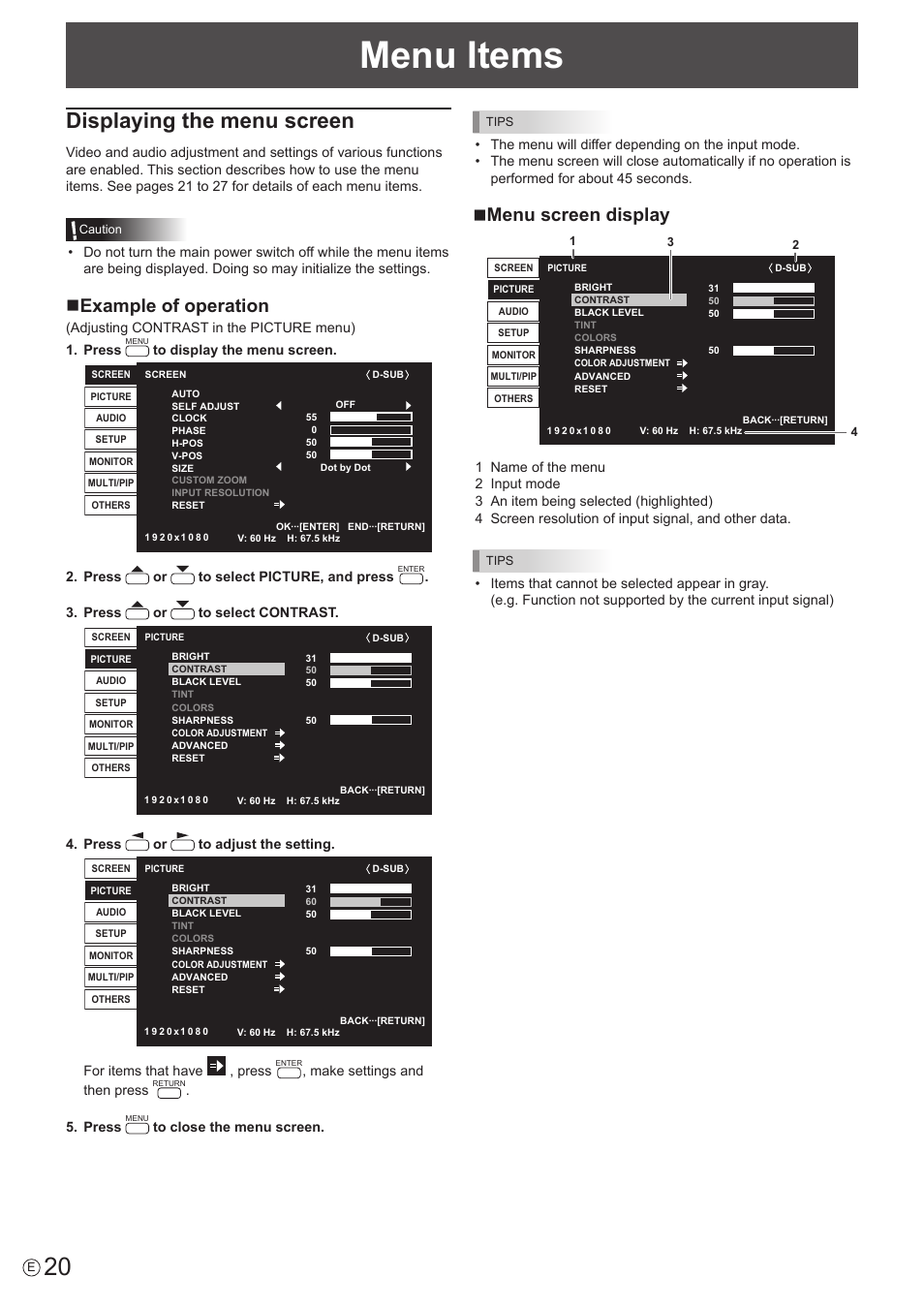 Menu items, Displaying the menu screen, Nexample of operation | Nmenu screen display | Sharp PN-U423 User Manual | Page 20 / 54