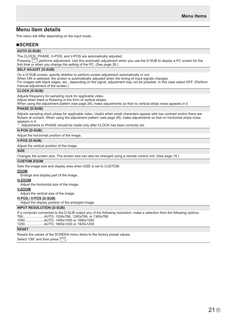 Menu item details, Nscreen, Menu items | Sharp PN-U423 User Manual | Page 21 / 54