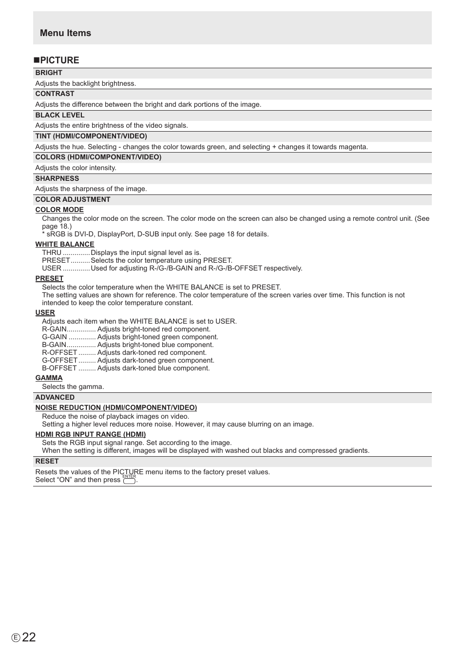 Npicture, Menu items | Sharp PN-U423 User Manual | Page 22 / 54