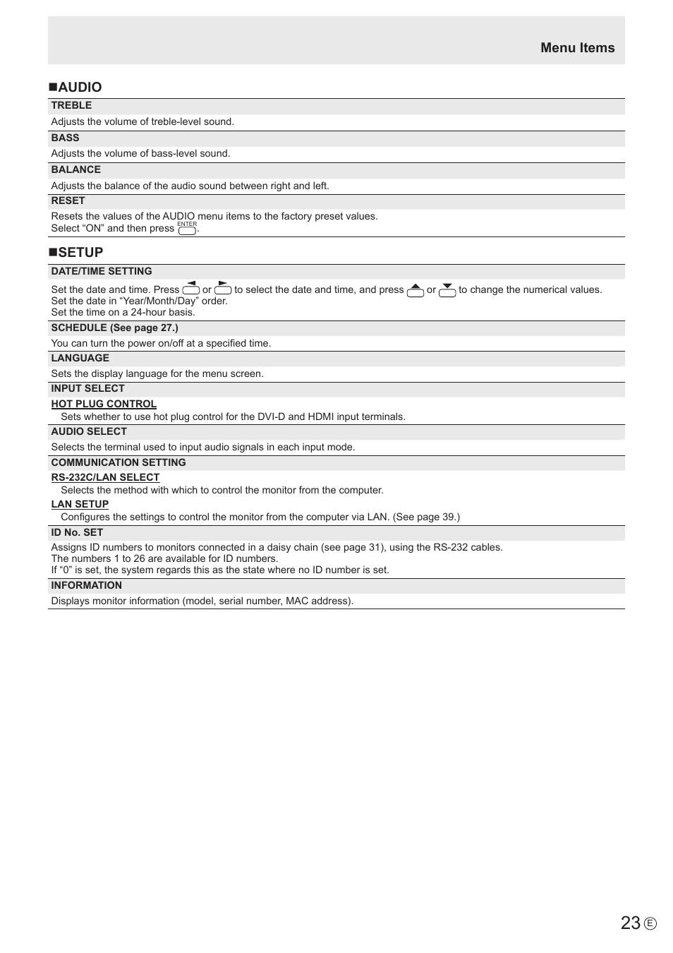 Menu items n audio, Nsetup | Sharp PN-U423 User Manual | Page 23 / 54