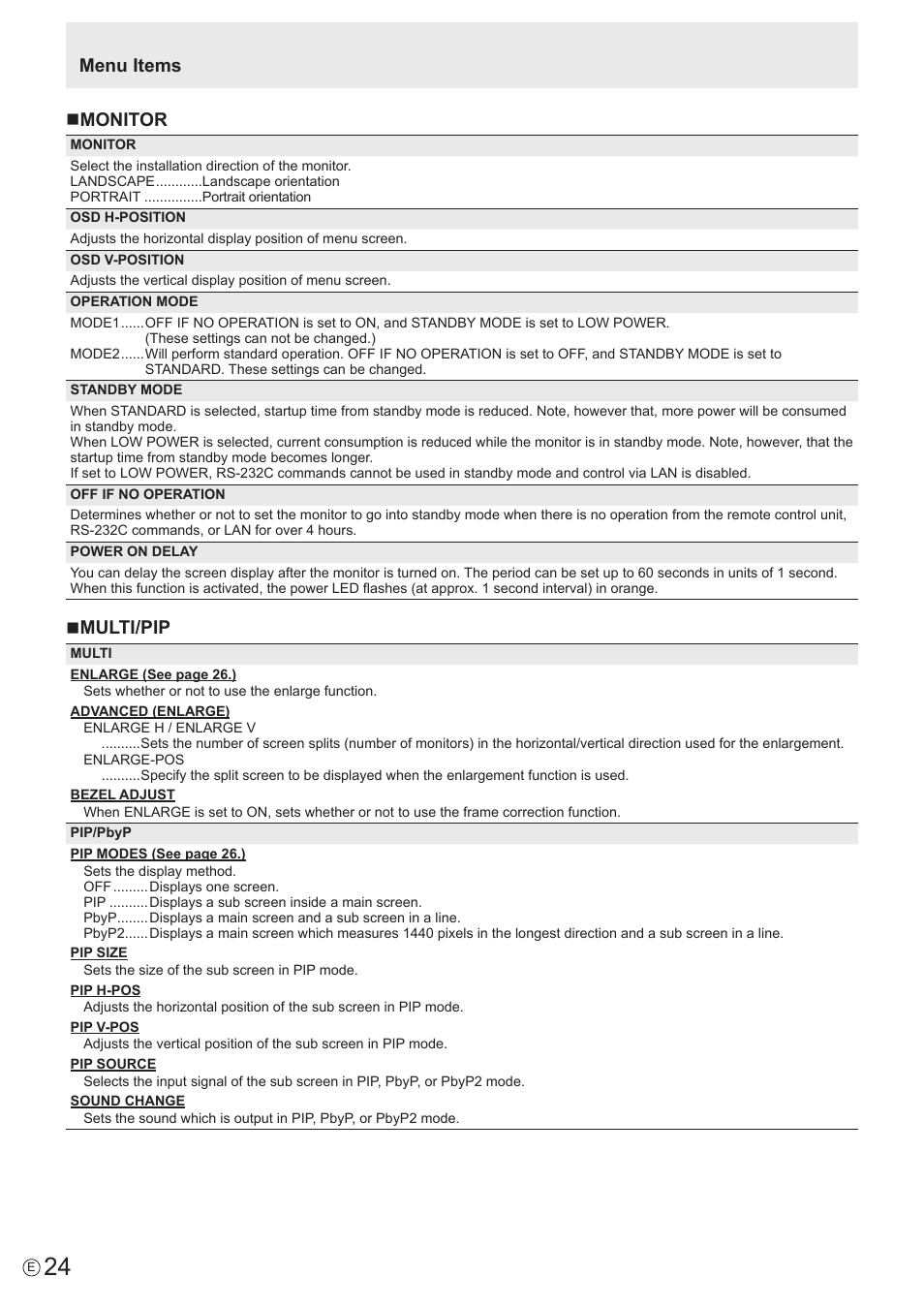 Menu items n monitor, Nmulti/pip | Sharp PN-U423 User Manual | Page 24 / 54