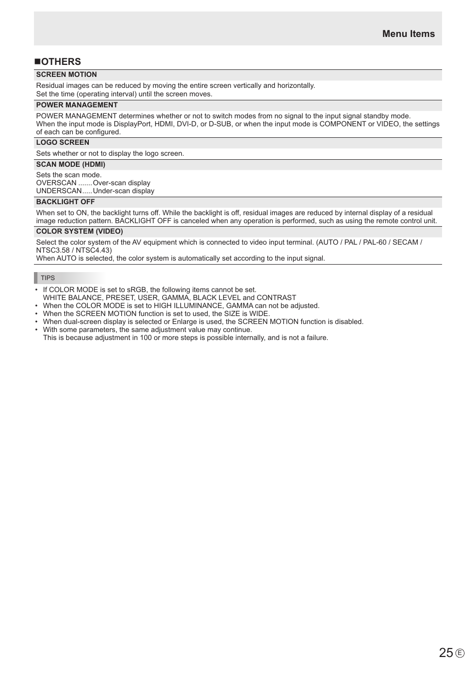 Menu items n others | Sharp PN-U423 User Manual | Page 25 / 54