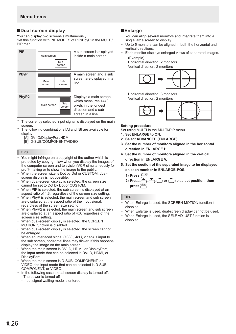 Ndual screen display, Menu items n enlarge | Sharp PN-U423 User Manual | Page 26 / 54