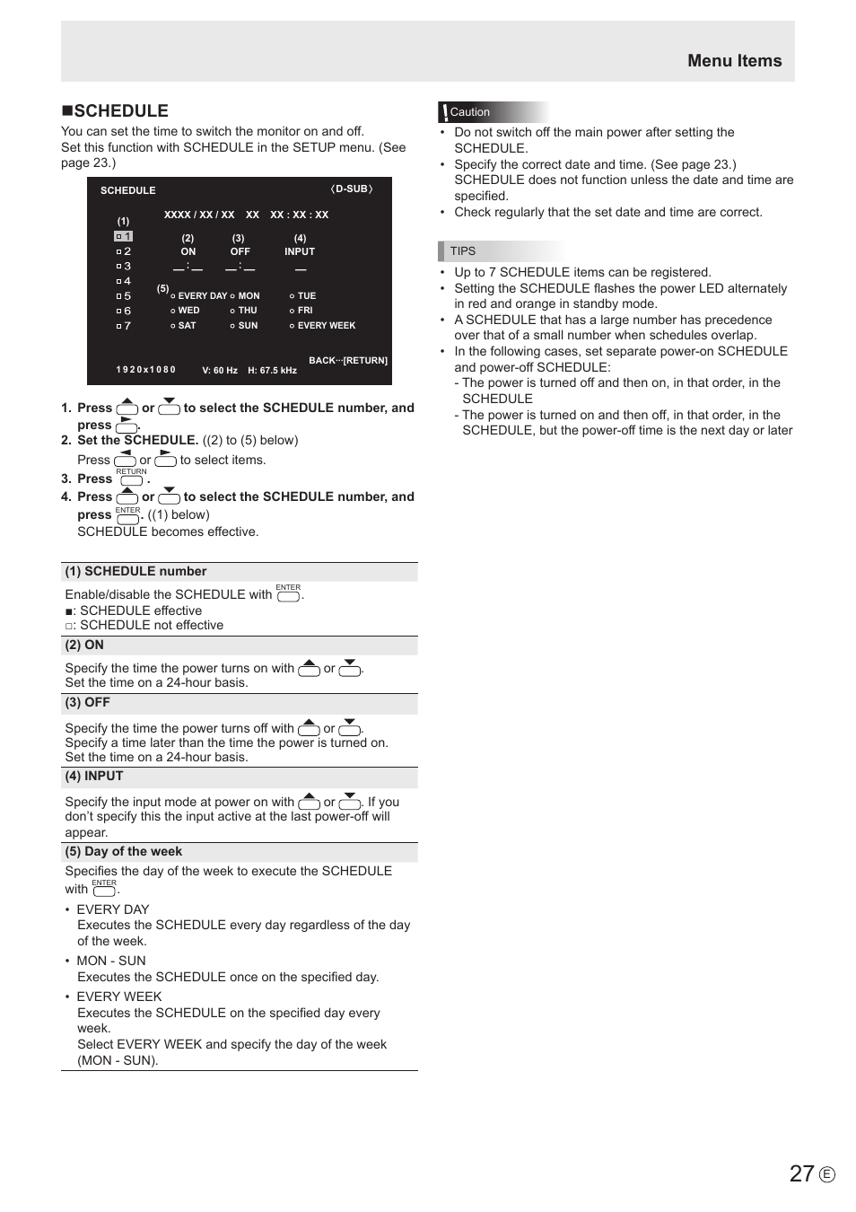 Menu items, Nschedule | Sharp PN-U423 User Manual | Page 27 / 54