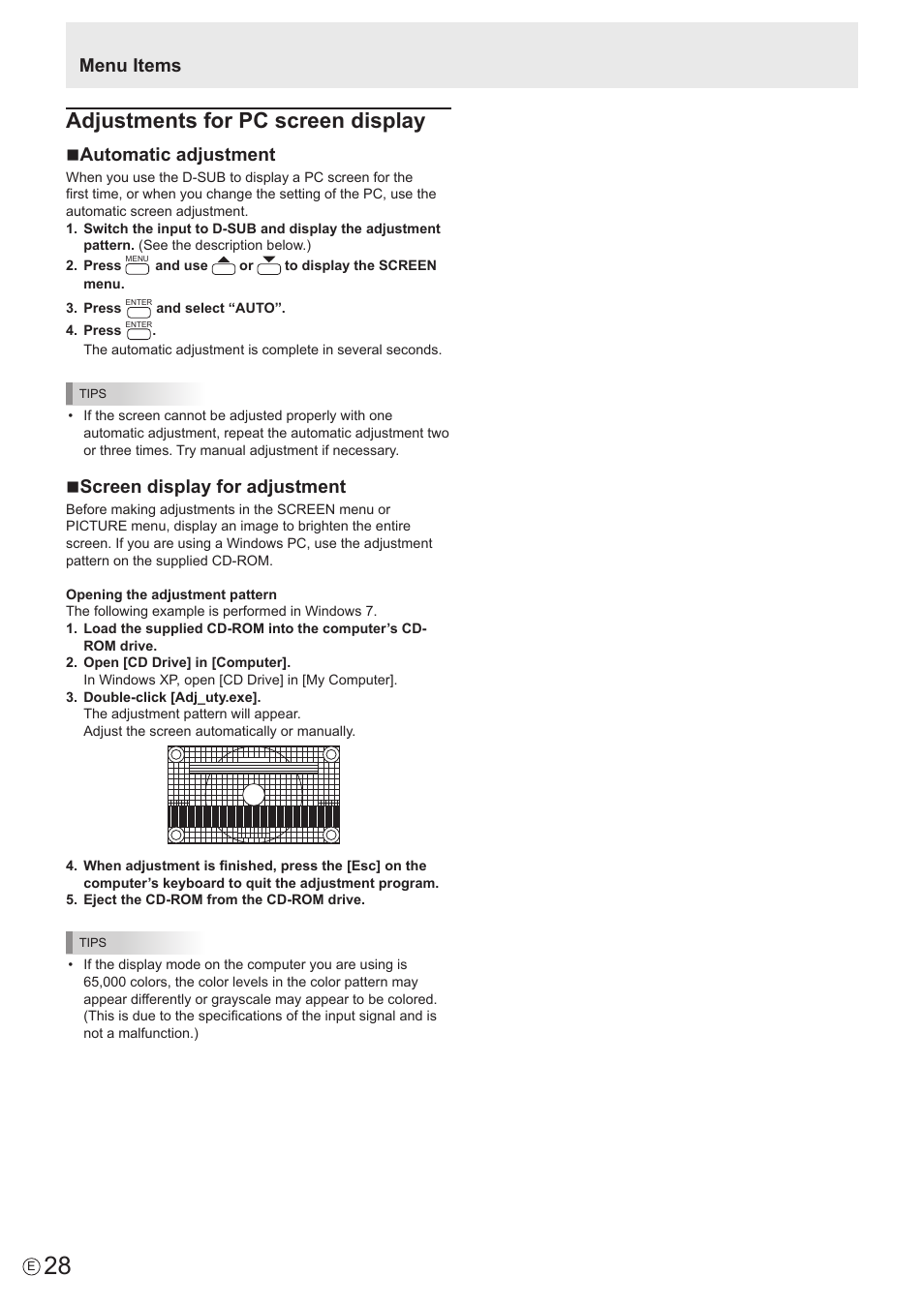 Adjustments for pc screen display, Menu items, Nautomatic adjustment | Nscreen display for adjustment | Sharp PN-U423 User Manual | Page 28 / 54