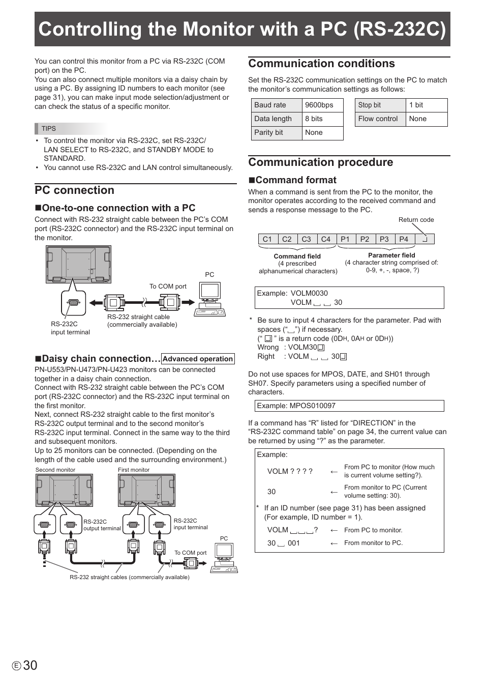 Controlling the monitor with a pc (rs-232c), Pc connection, Communication conditions | Communication procedure, None-to-one connection with a pc, Ndaisy chain connection, Ncommand format | Sharp PN-U423 User Manual | Page 30 / 54