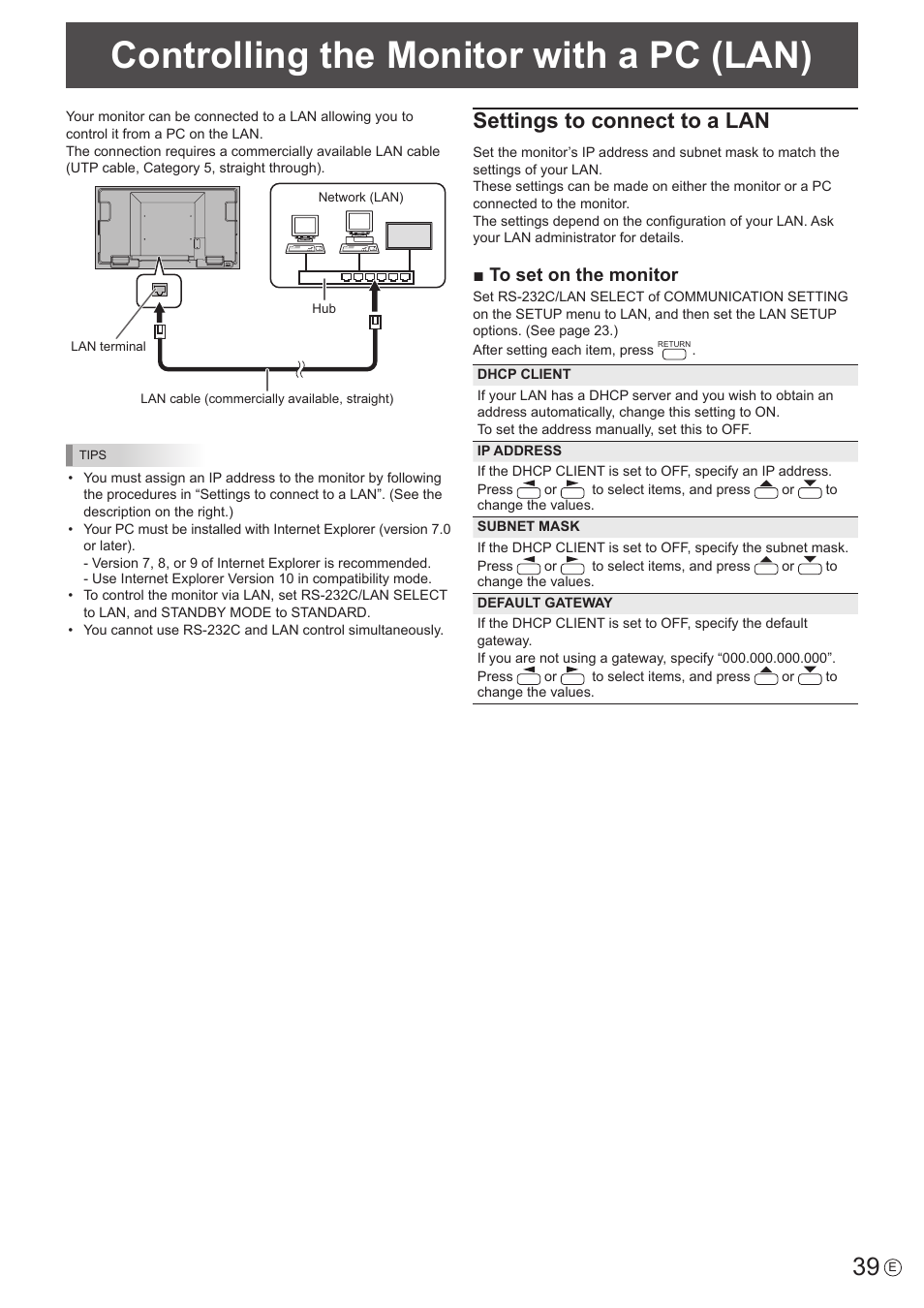 Controlling the monitor with a pc (lan), Settings to connect to a lan | Sharp PN-U423 User Manual | Page 39 / 54